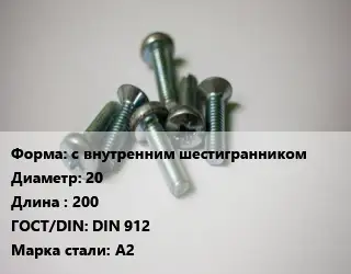 Винт с внутренним шестигранником 20х200 DIN 912 Сталь: А2